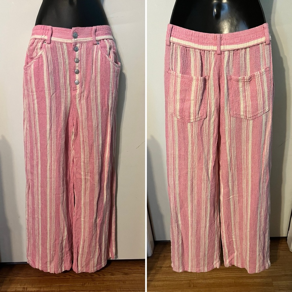 Urban Outfitters Pink & White striped wide Leg Linen Cotton Boho Chic Pants Sz S